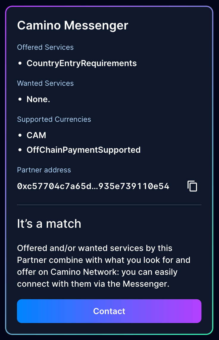 This image displays the Camino Messenger preview widget in a matching Partner's detail page.